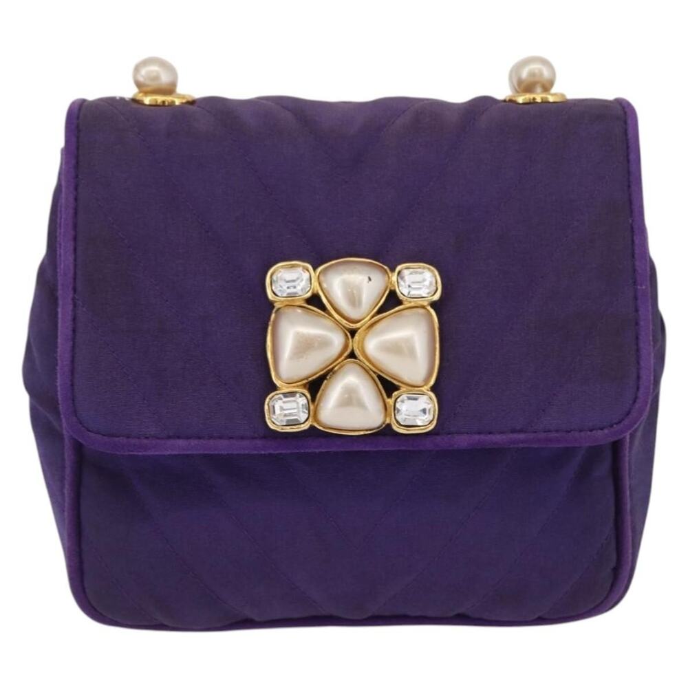 Chanel V Stitch Pearl Shoulder Bag Nylon Purple